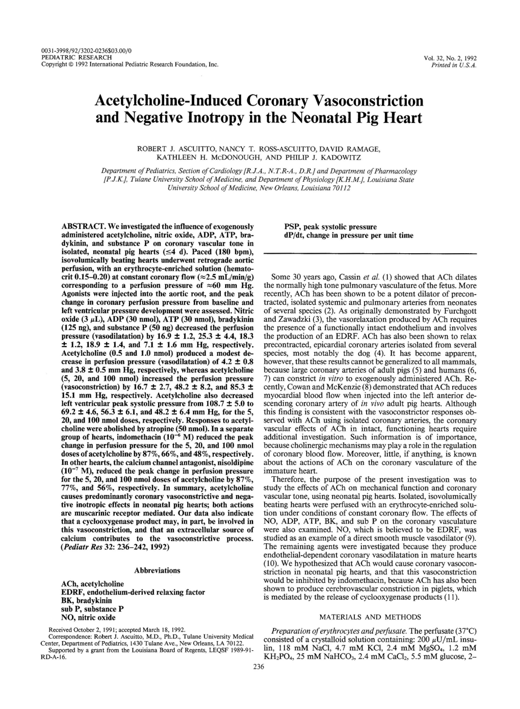 Acetylcholine-Induced Coronary Vasoconstriction and Negative Inotropy in the Neonatal Pig Heart