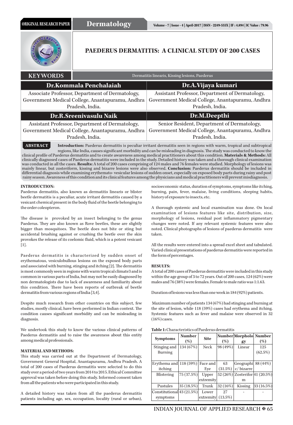 Dermatology Volume - 7 | Issue - 4 | April-2017 | ISSN - 2249-555X | IF : 4.894 | IC Value : 79.96