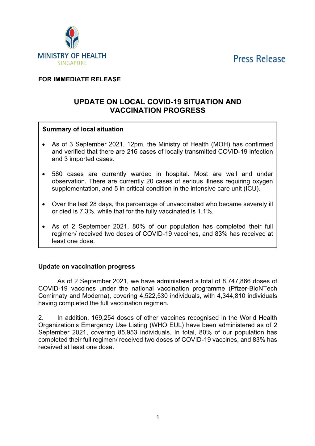 Update on Local Covid-19 Situation and Vaccination Progress