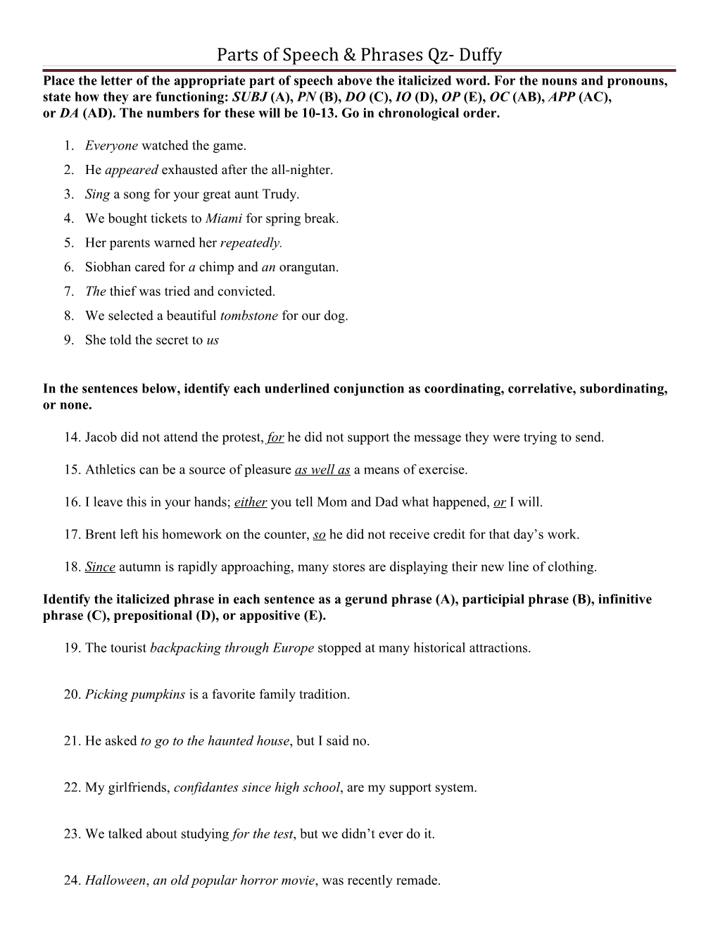 Parts of Speech & Phrases Qz- Duffy