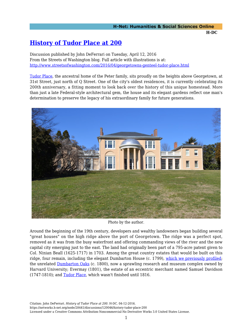 History of Tudor Place at 200
