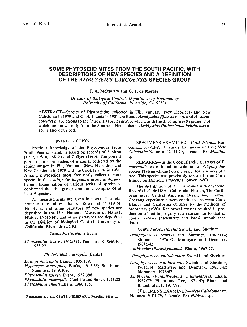 Some Phytoseiid Mites from the South Pacific, with Descriptions of New Species Ano a Definition of the Amblyseius Largoensis Species Group