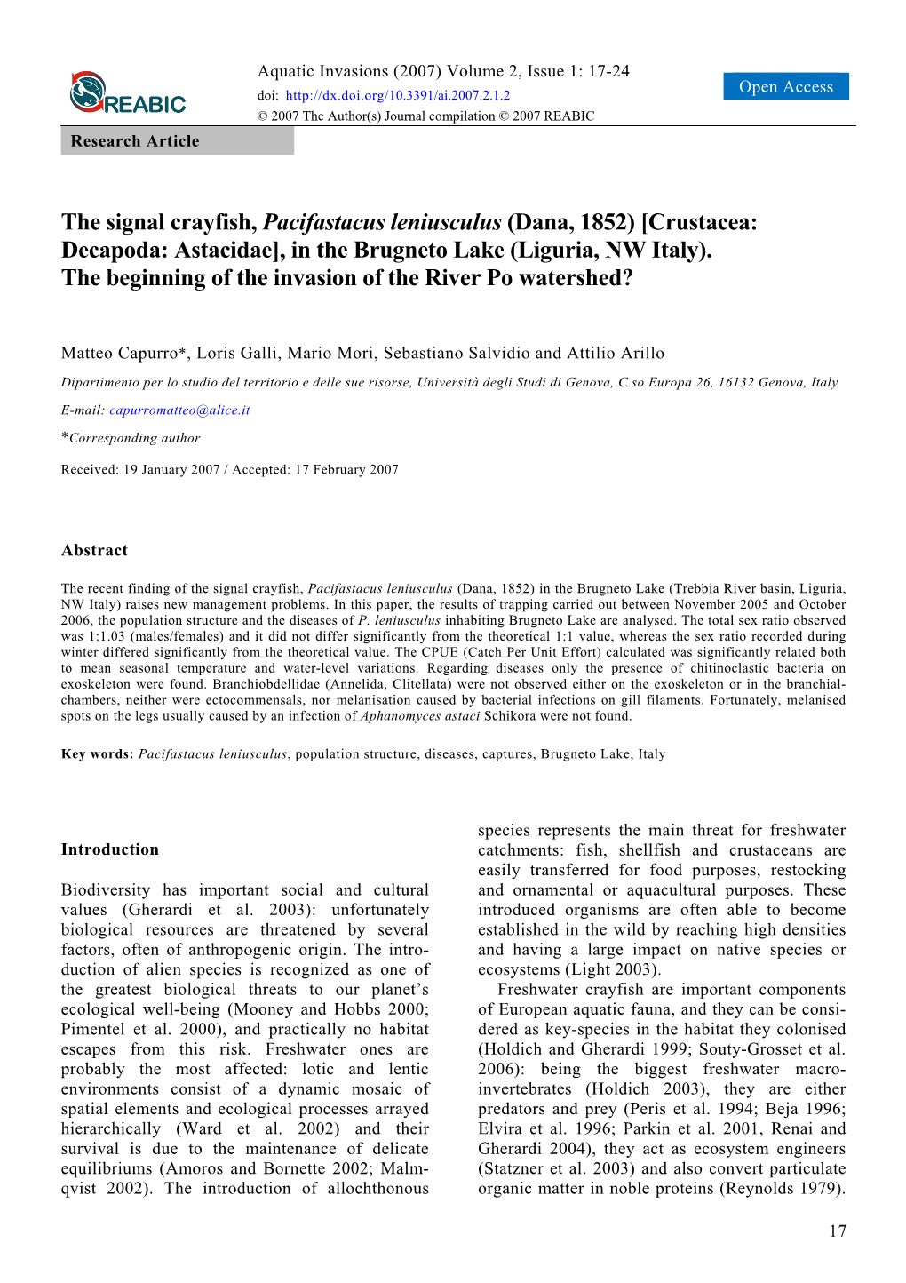 The Signal Crayfish, Pacifastacus Leniusculus (Dana, 1852) [Crustacea: Decapoda: Astacidae], in the Brugneto Lake (Liguria, NW Italy)