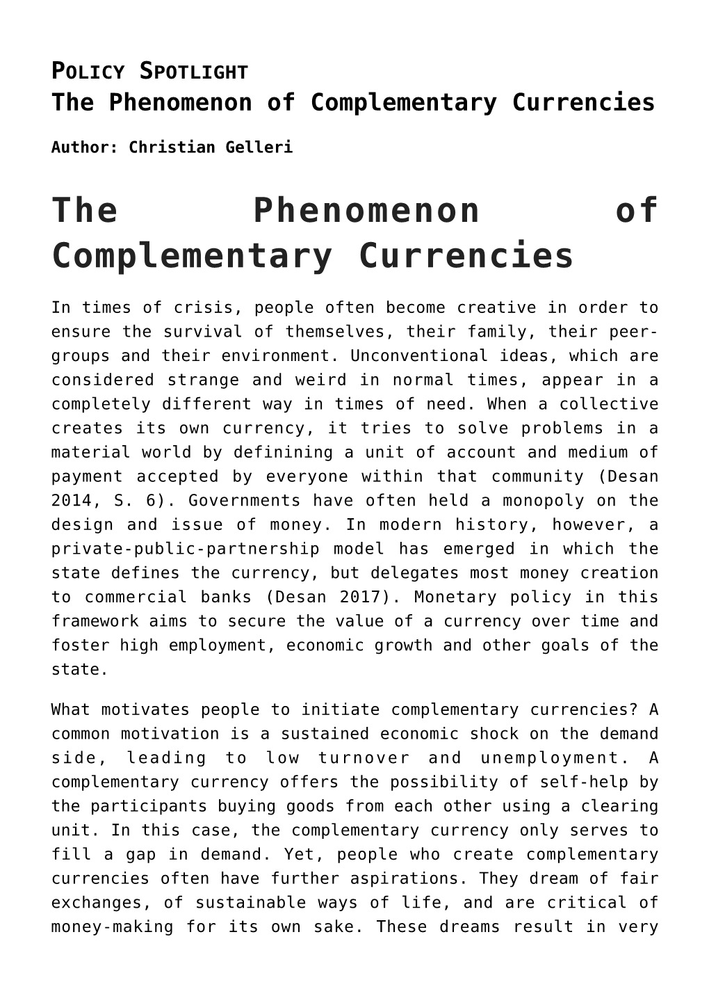 The Phenomenon of Complementary Currencies