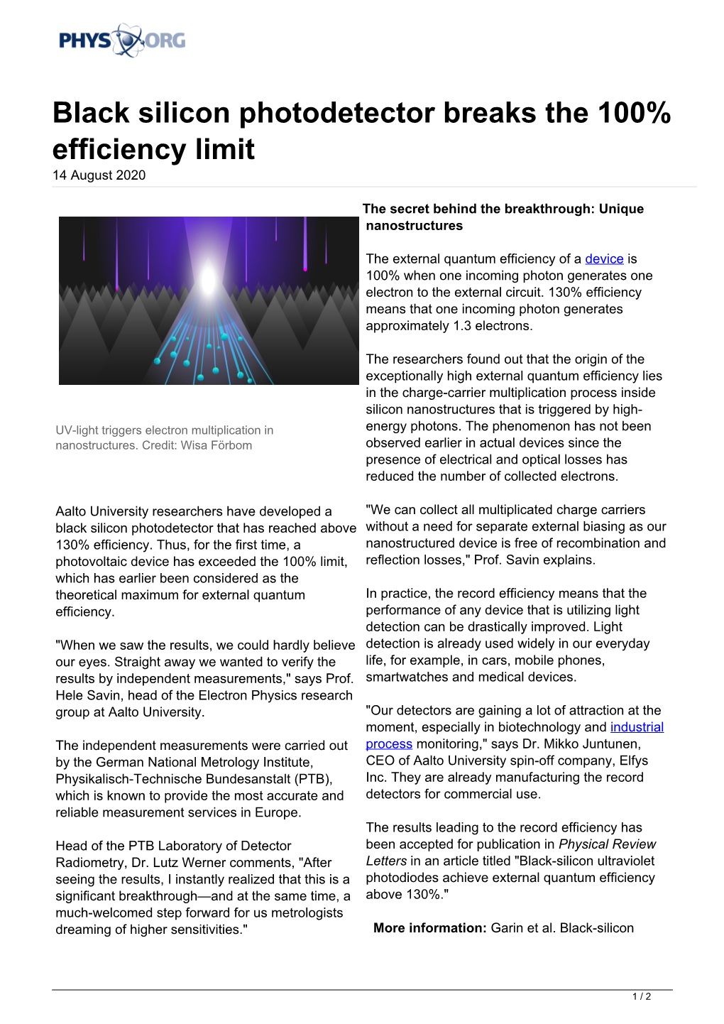 Black Silicon Photodetector Breaks the 100% Efficiency Limit 14 August 2020