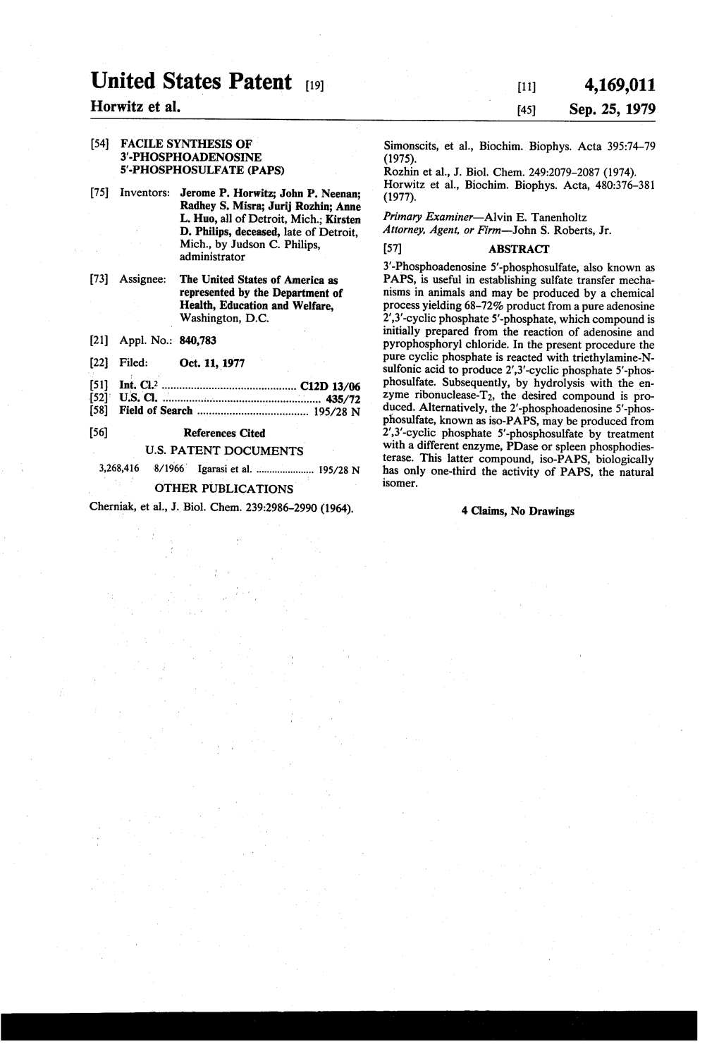 United States Patent (19) 11) 4,169,011 Horwitz Et Al