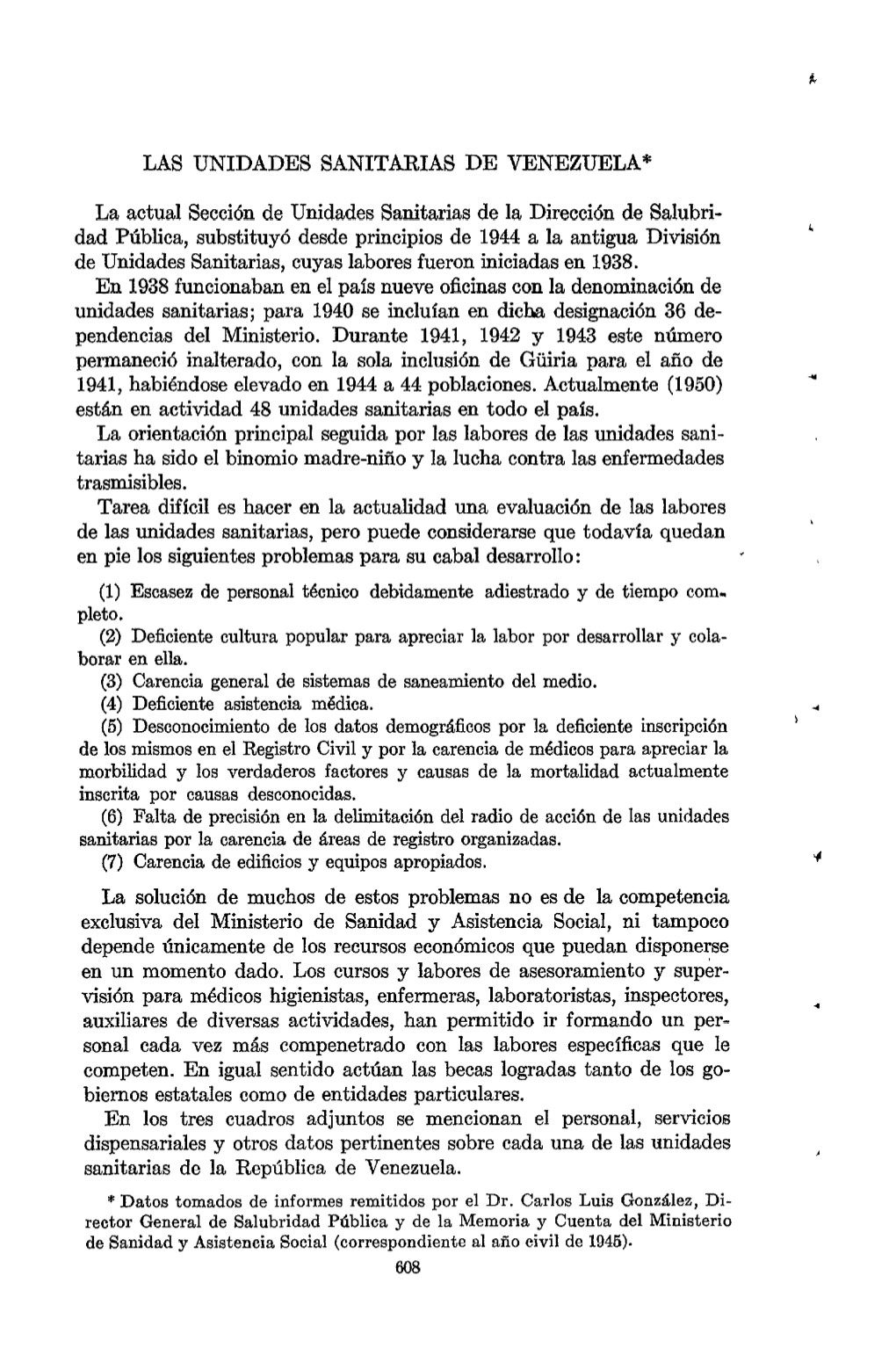 LAS UNIDADES SANITARIAS DE VENEZUELA* La Actual Sección De