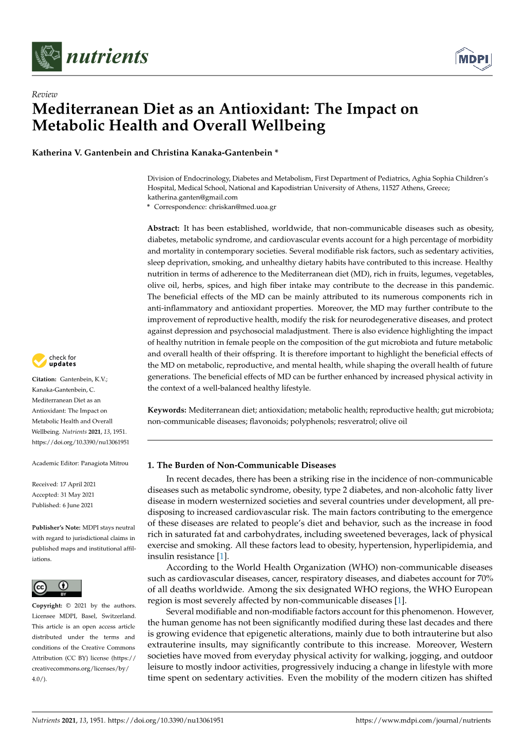 Mediterranean Diet As an Antioxidant: the Impact on Metabolic Health and Overall Wellbeing