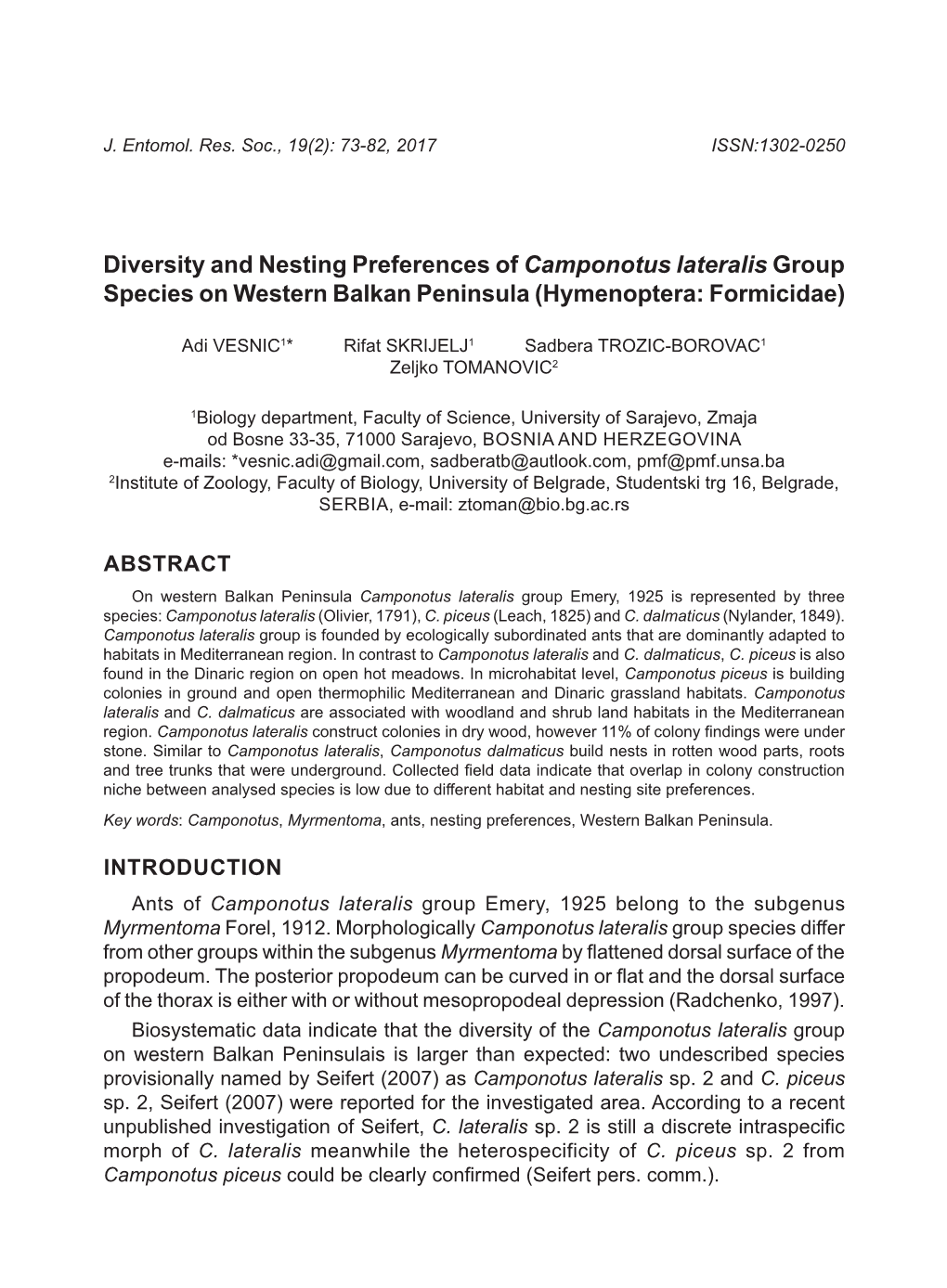 Diversity and Nesting Preferences of Camponotus Lateralis Group Species on Western Balkan Peninsula (Hymenoptera: Formicidae)