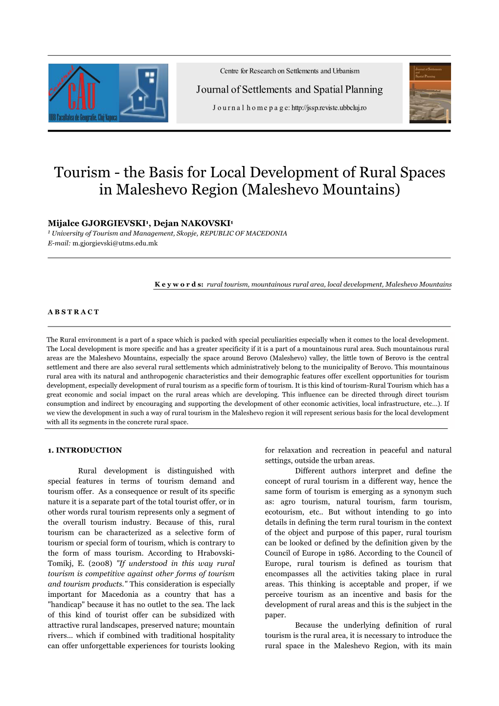 Mijalce GJORGIEVSKI, Dejan NAKOVSKI Journal of Settlements and Spatial Planning, Special Issue, Vol