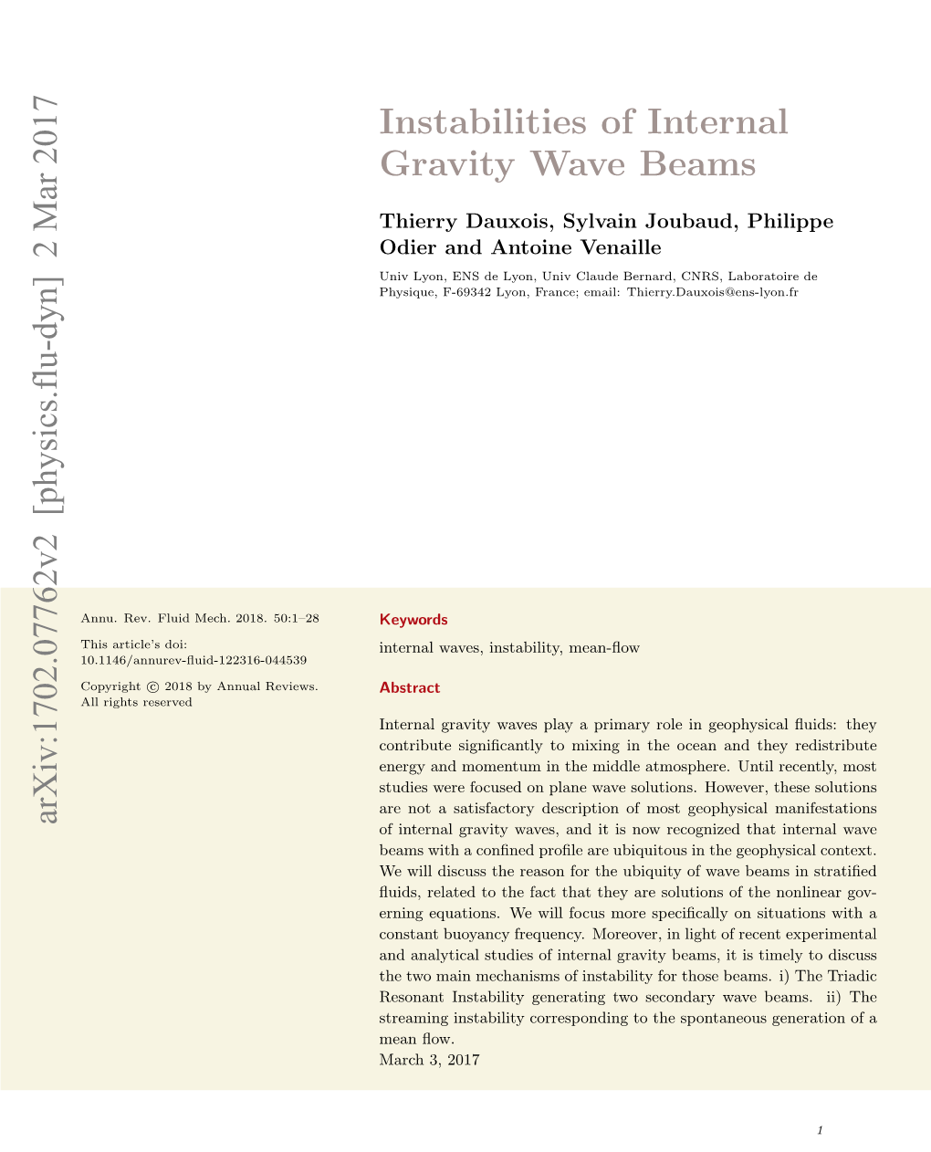 Instabilities of Internal Gravity Wave Beams Arxiv:1702.07762V2