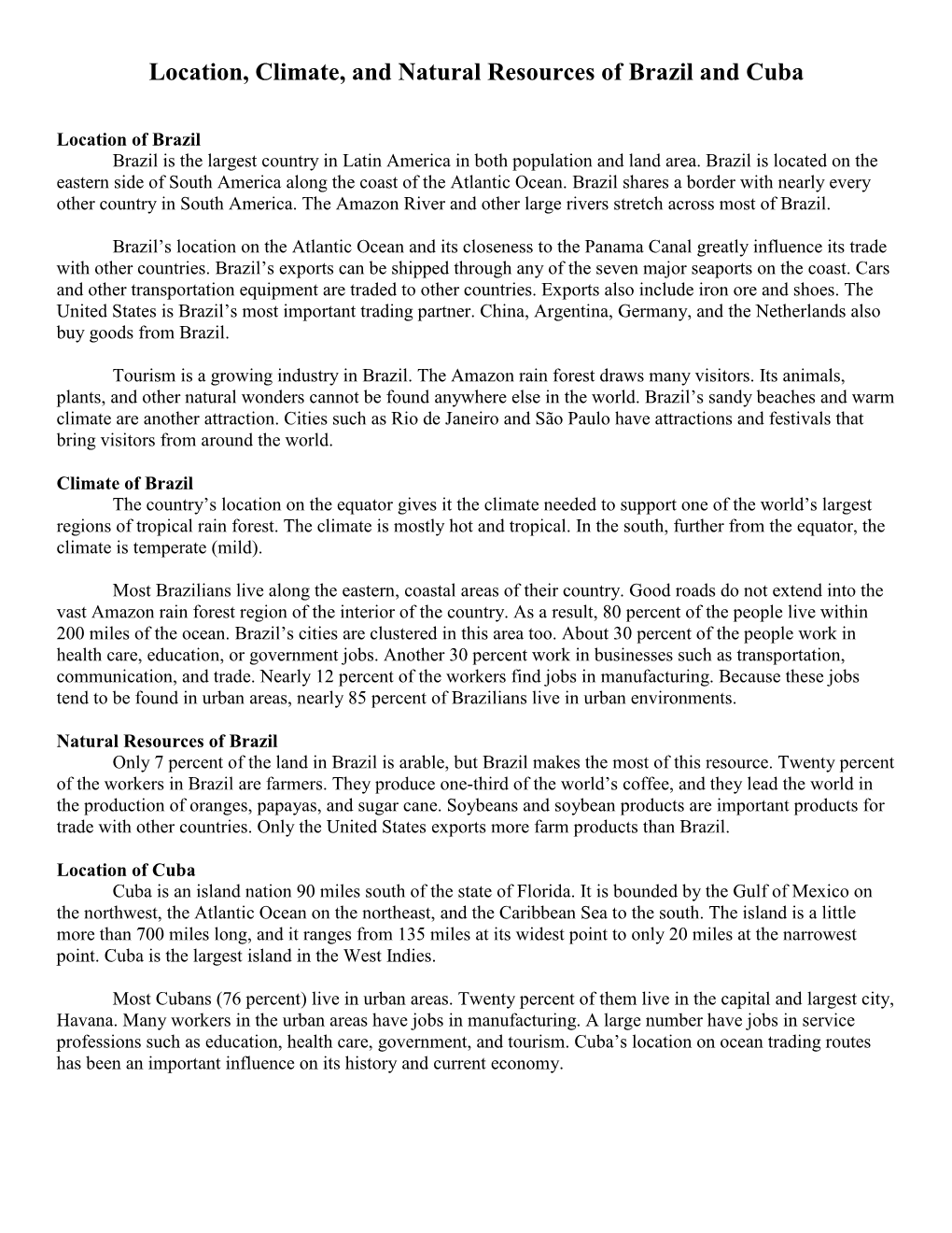 Location, Climate, and Natural Resources of Brazil and Cuba