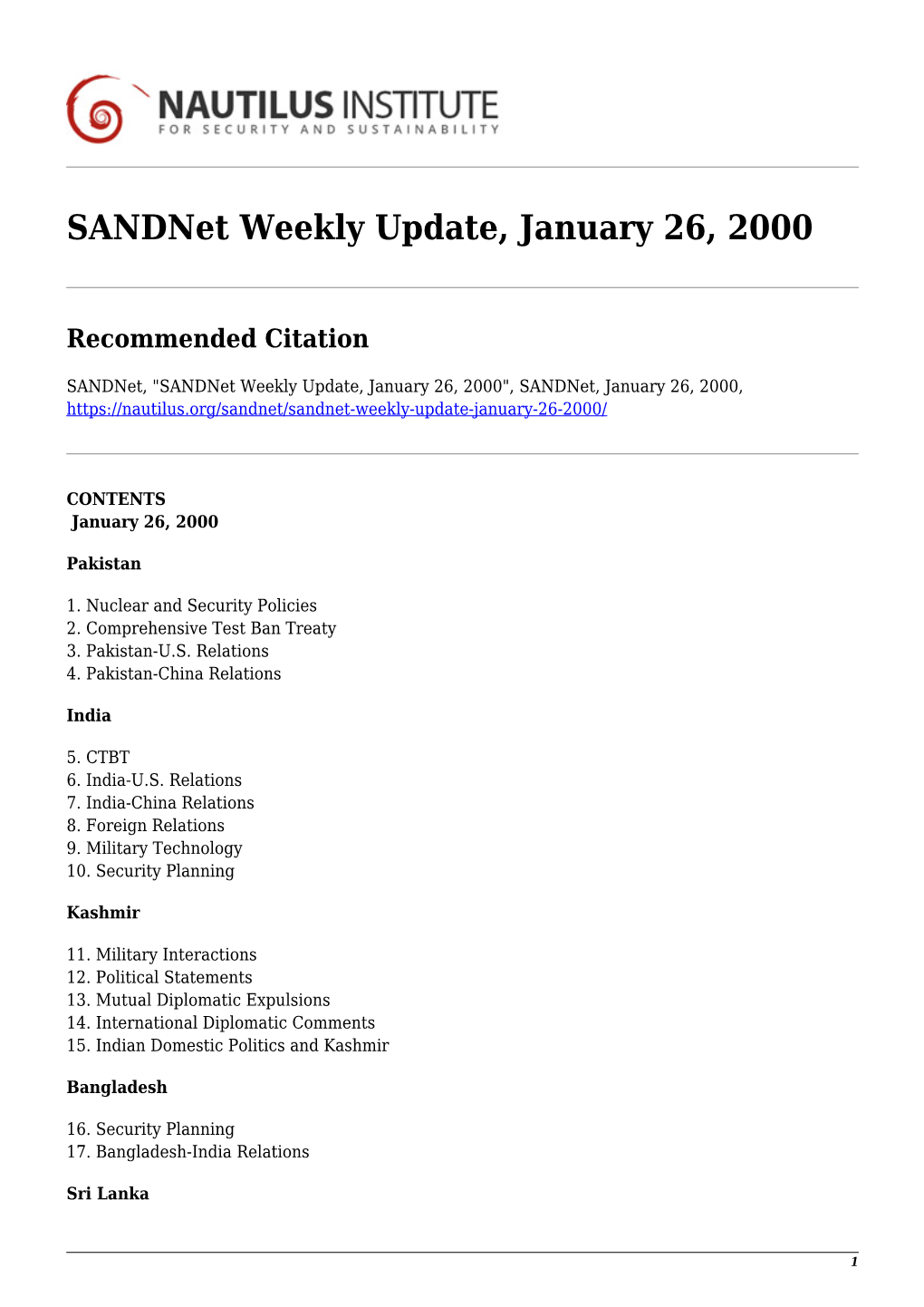 Sandnet Weekly Update, January 26, 2000