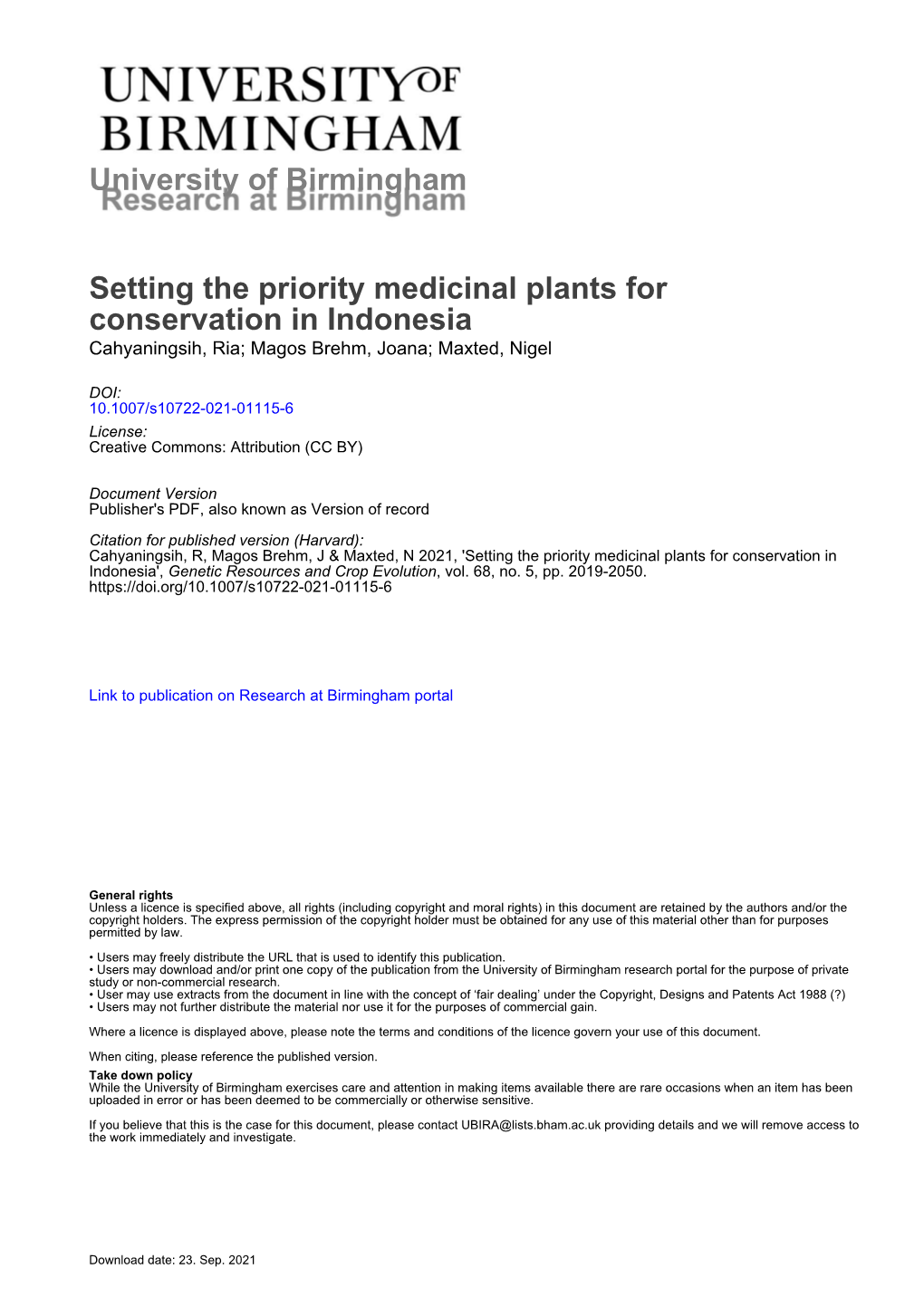 Setting the Priority Medicinal Plants for Conservation in Indonesia Cahyaningsih, Ria; Magos Brehm, Joana; Maxted, Nigel