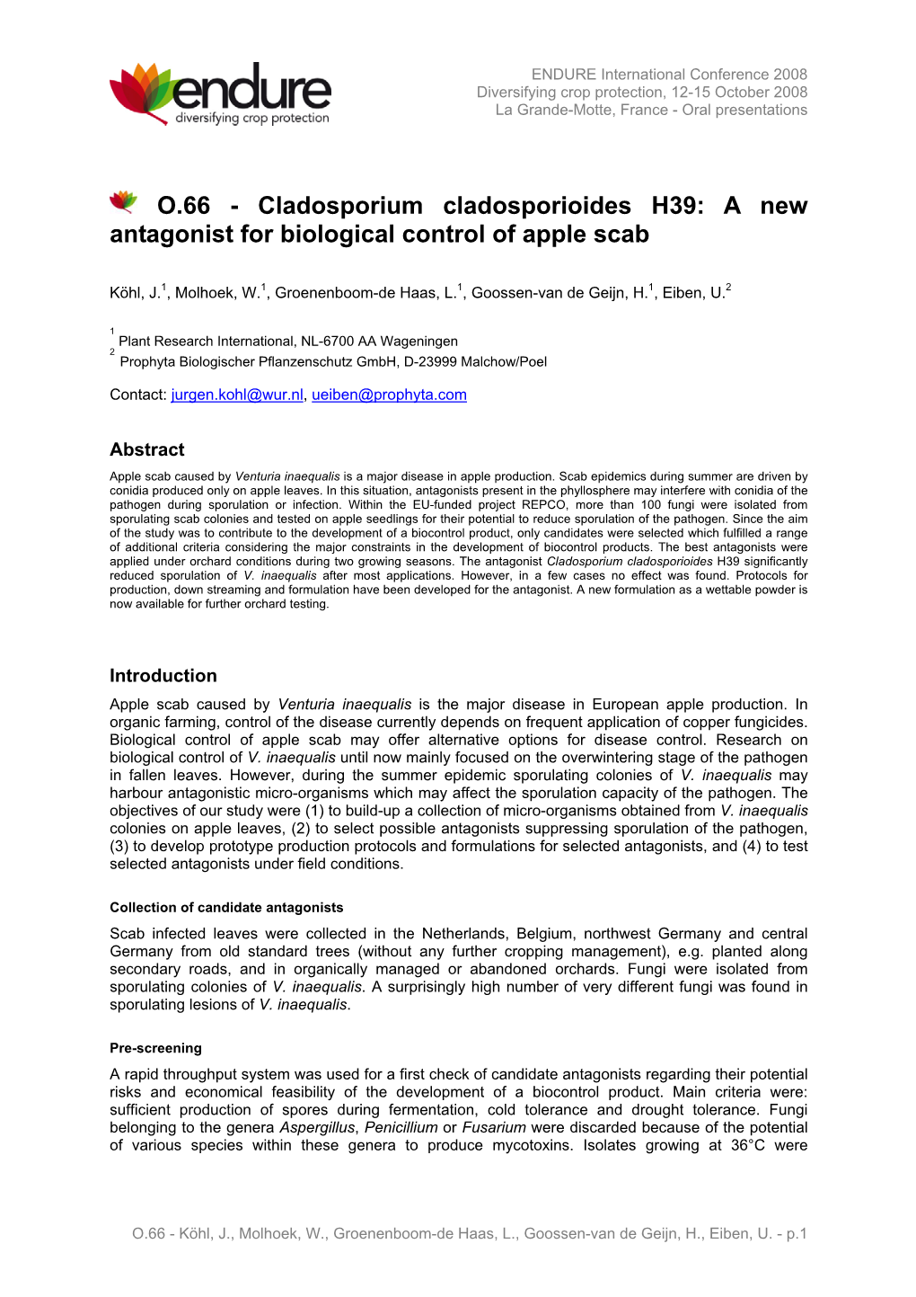 Cladosporium Cladosporioides H39: a New Antagonist for Biological Control of Apple Scab