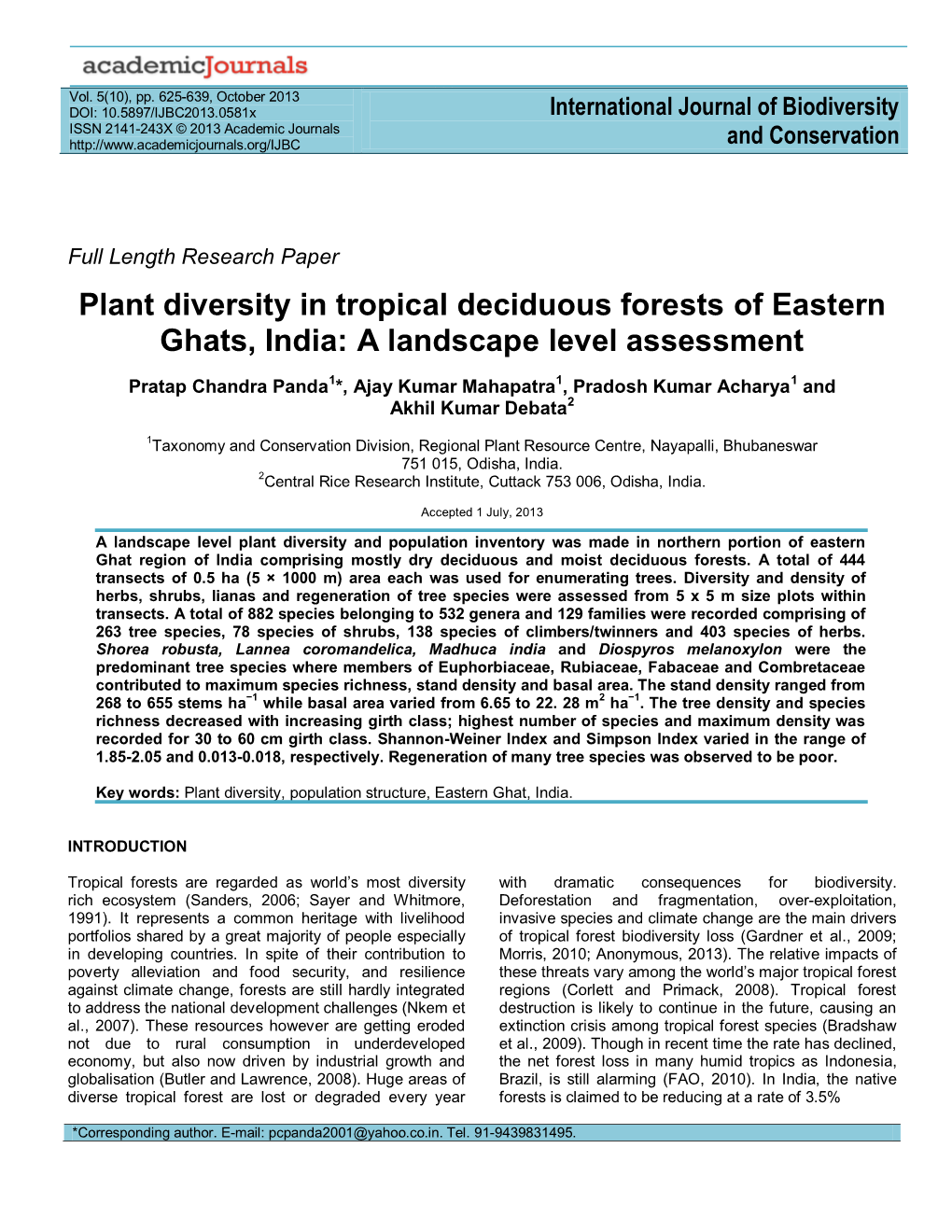 Plant Diversity in Tropical Deciduous Forests of Eastern Ghats, India: a Landscape Level Assessment