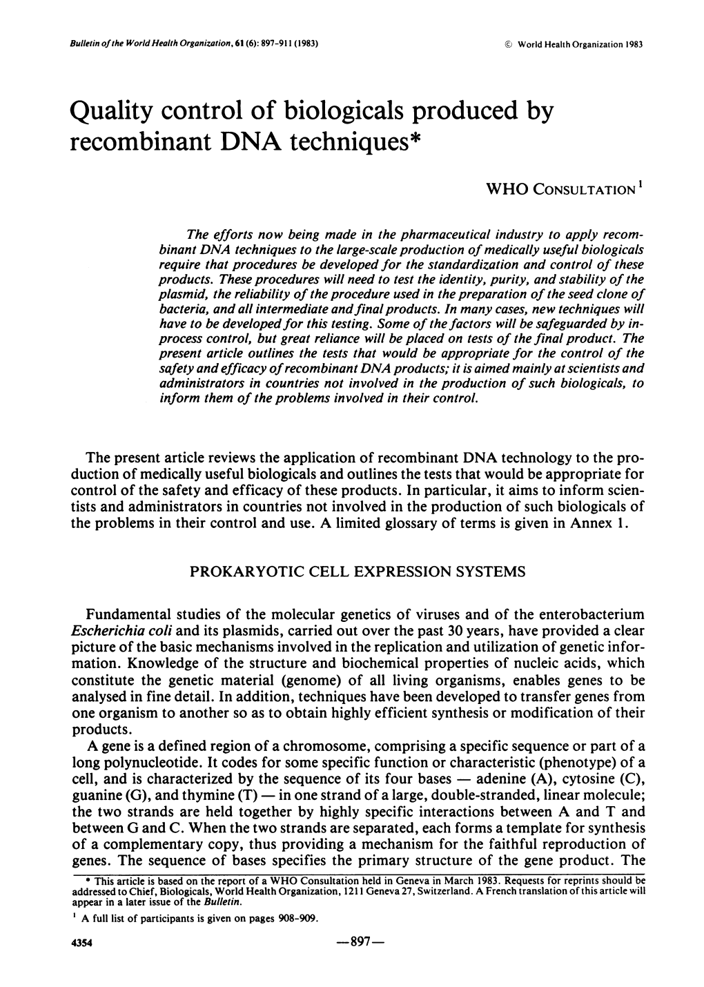 Quality Control of Biologicals Produced by Recombinant DNA Techniques*