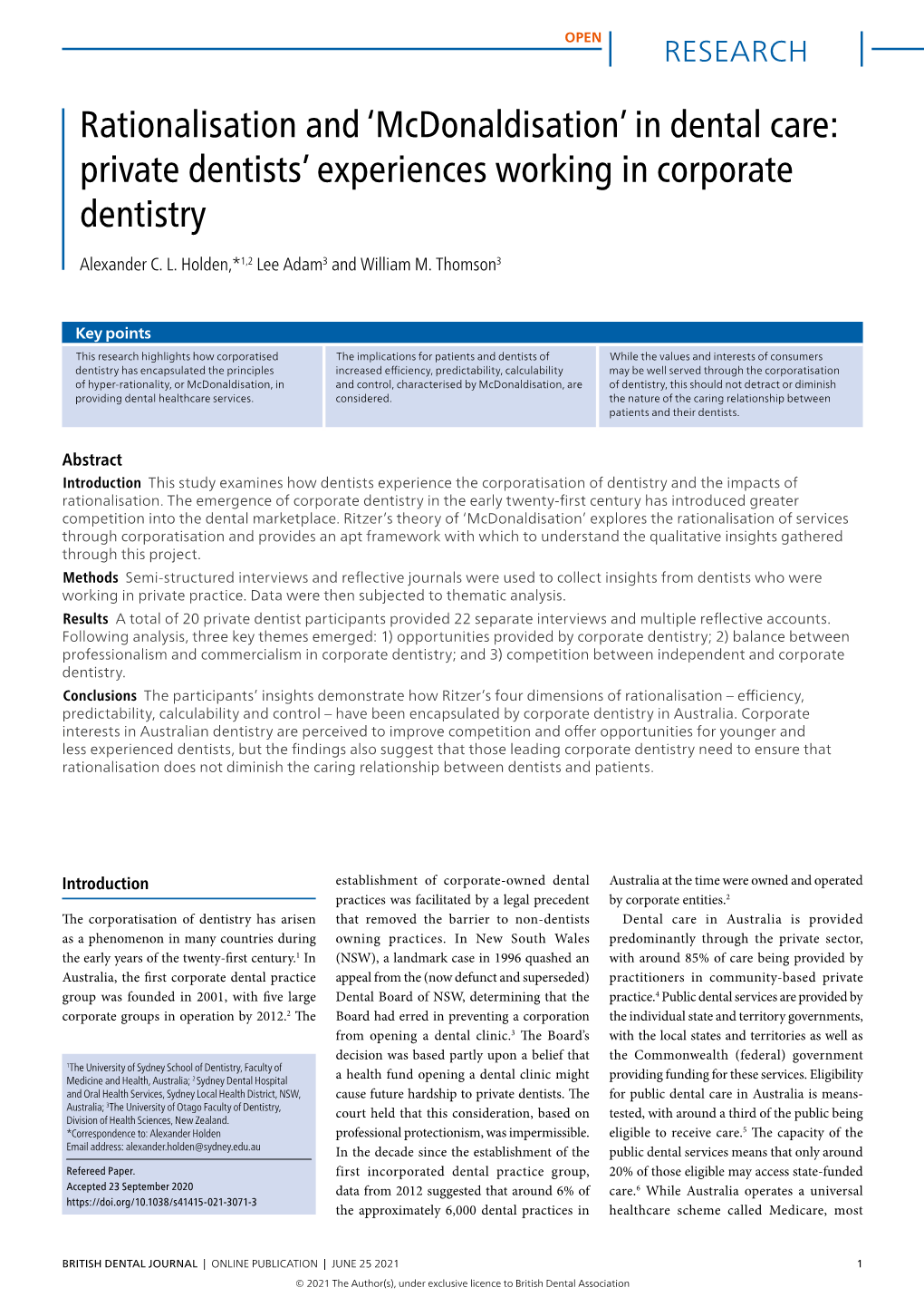 Private Dentists' Experiences Working in Corporate Dentistry