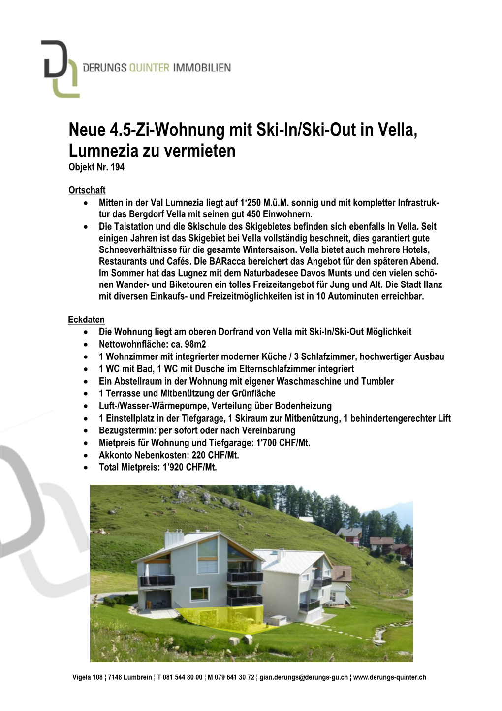 Neue 4.5-Zi-Wohnung Mit Ski-In/Ski-Out in Vella, Lumnezia Zu Vermieten Objekt Nr