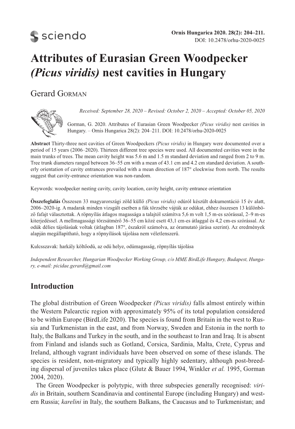 Attributes of Eurasian Green Woodpecker (Picus Viridis) Nest Cavities in Hungary