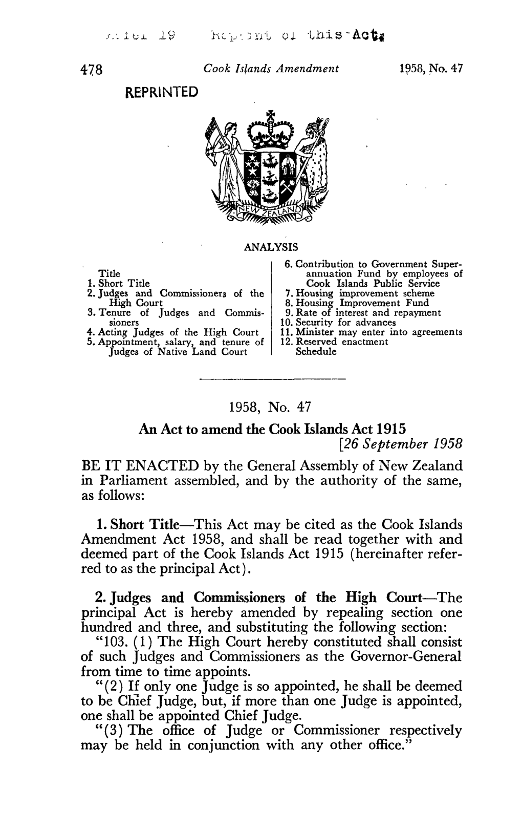 1958 No 47 Cooks Islands Amendment