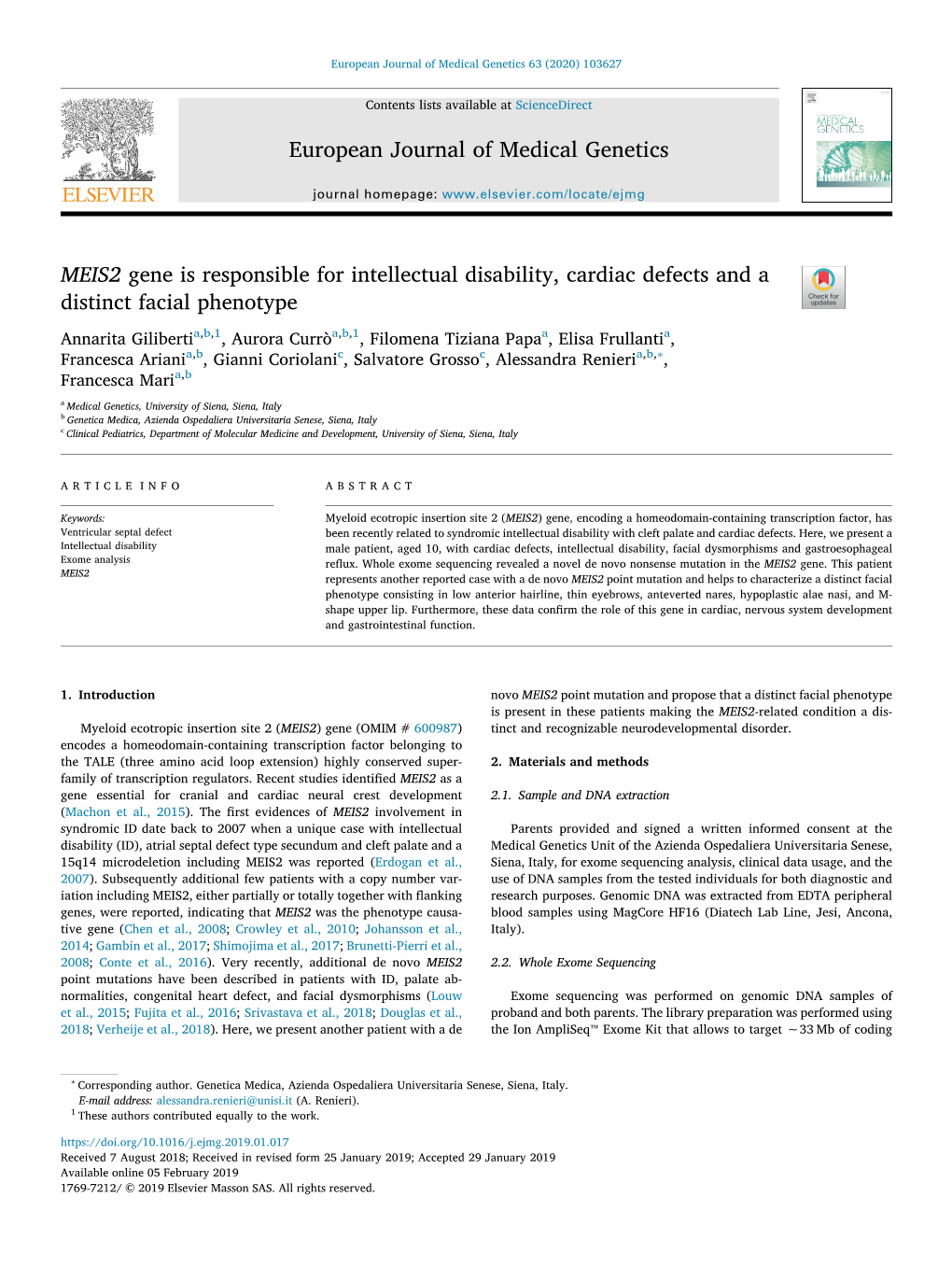 MEIS2 Gene Is Responsible for Intellectual Disability, Cardiac