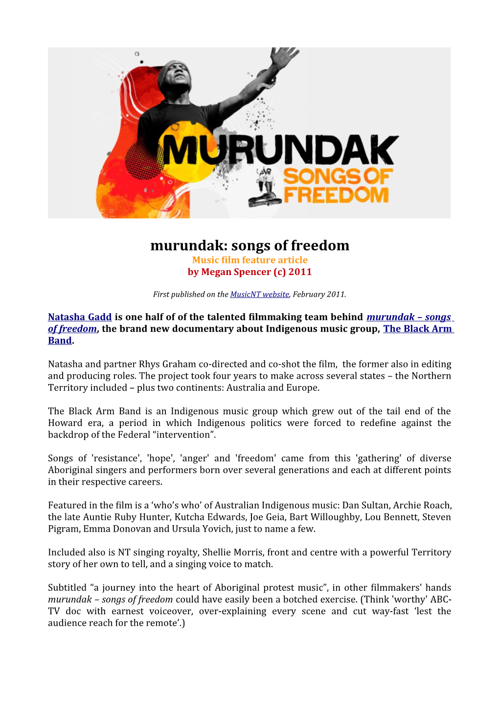 Murundak: Songs of Freedom Music Film Feature Article by Megan Spencer (C) 2011
