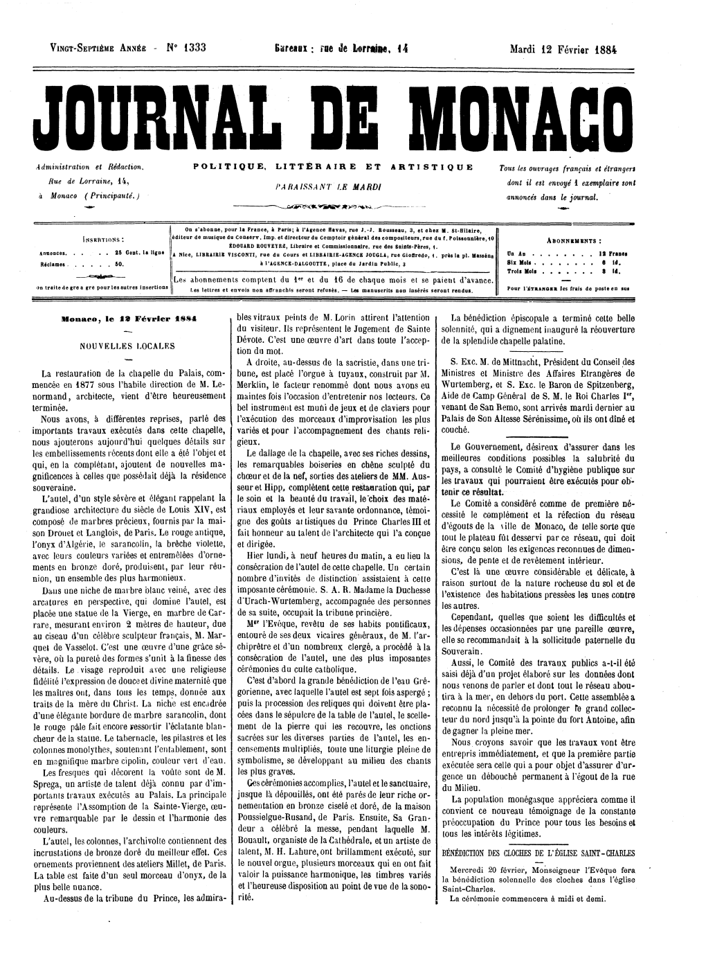 Bureaux Rue De Lor , 14 Mardi 12 Février 1884