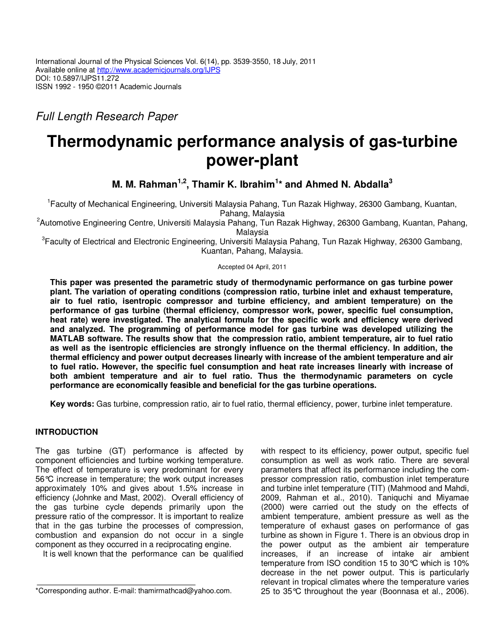 Thermodynamic Performance Analysis of Gas-Turbine Power-Plant