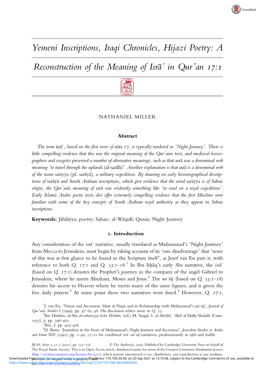 Yemeni Inscriptions, Iraqi Chronicles, Hijazi Poetry: a Reconstruction of the Meaning of Isrāʾ in Qur'an