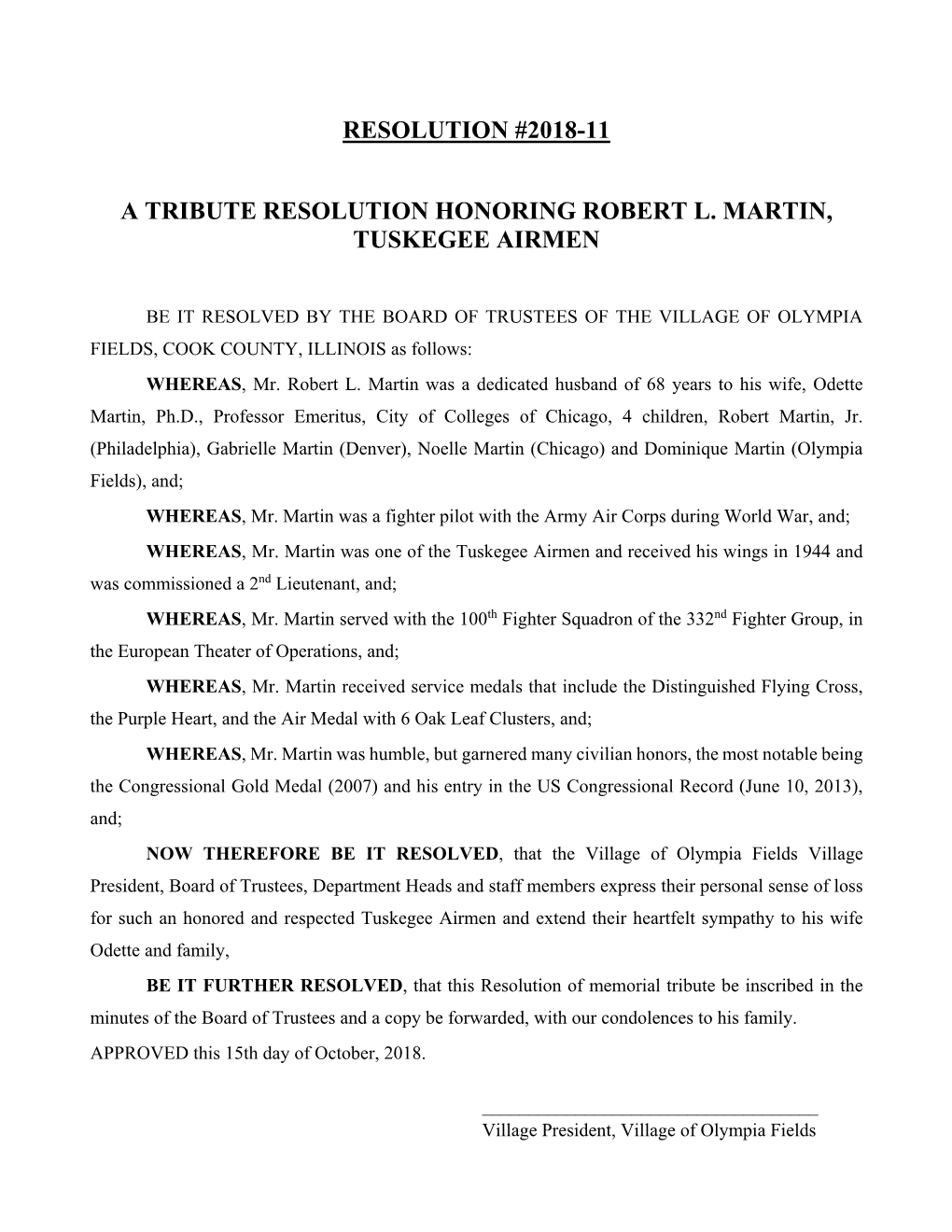 Resolution #2018-11 a Tribute Resolution Honoring Robert L. Martin