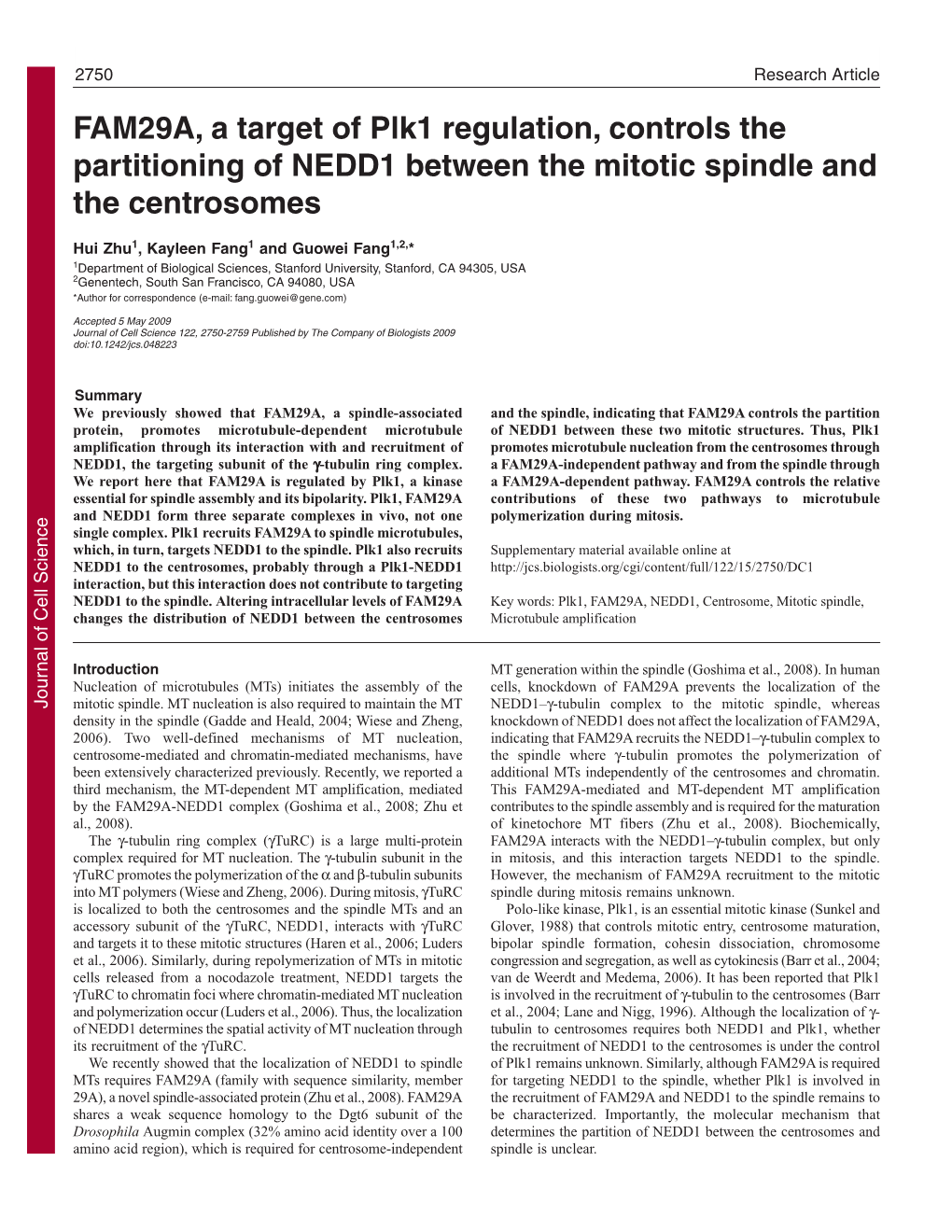 FAM29A, a Target of Plk1 Regulation, Controls the Partitioning of NEDD1 Between the Mitotic Spindle and the Centrosomes