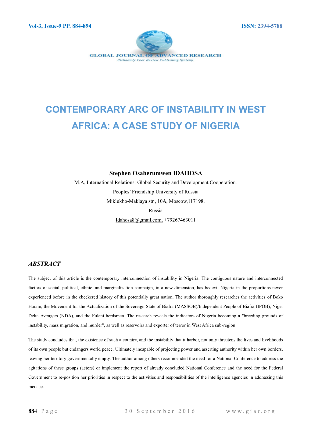 Contemporary Arc of Instability in West Africa: a Case Study of Nigeria