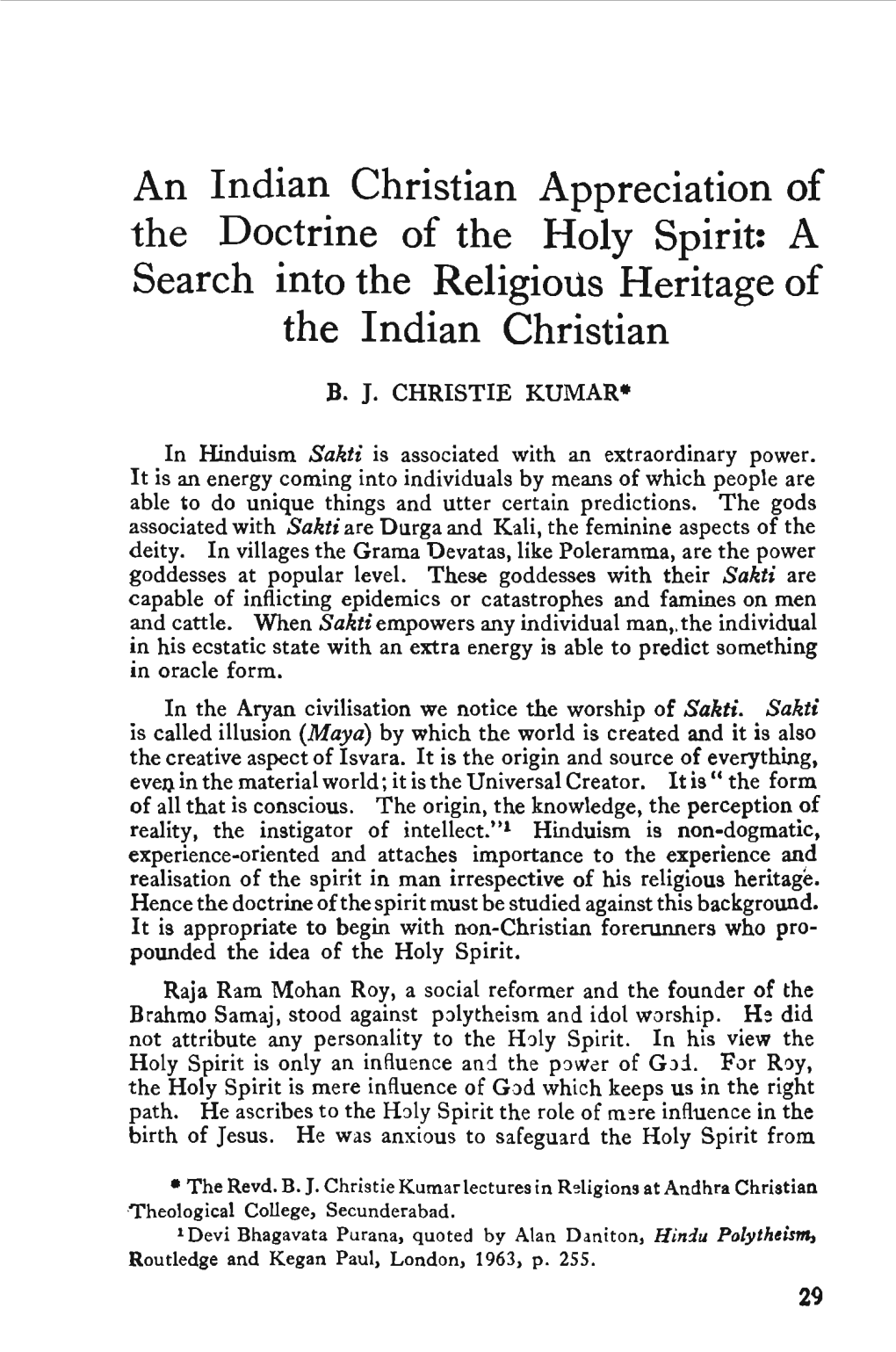 An Indian Christian Appreciation of the Doctrine of the Holy Spirit: a Search Into the Religious Heritage of the Indian Christian