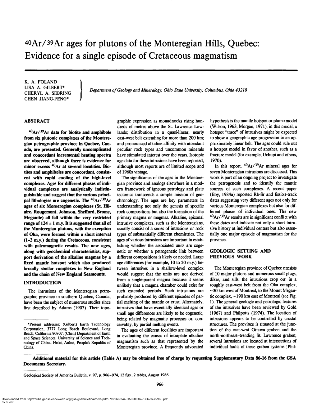 40Ar/39Ar Ages for Plutons of the Monteregian Hills, Quebec: Evidence for a Single Episode of Cretaceous Magmatism