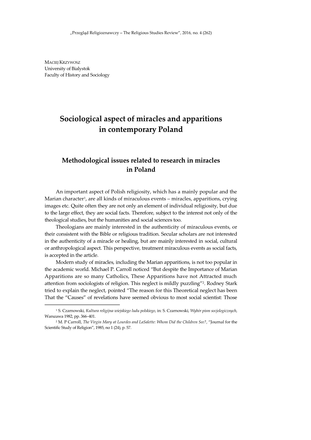 Sociological Aspect of Miracles and Apparitions in Contemporary Poland