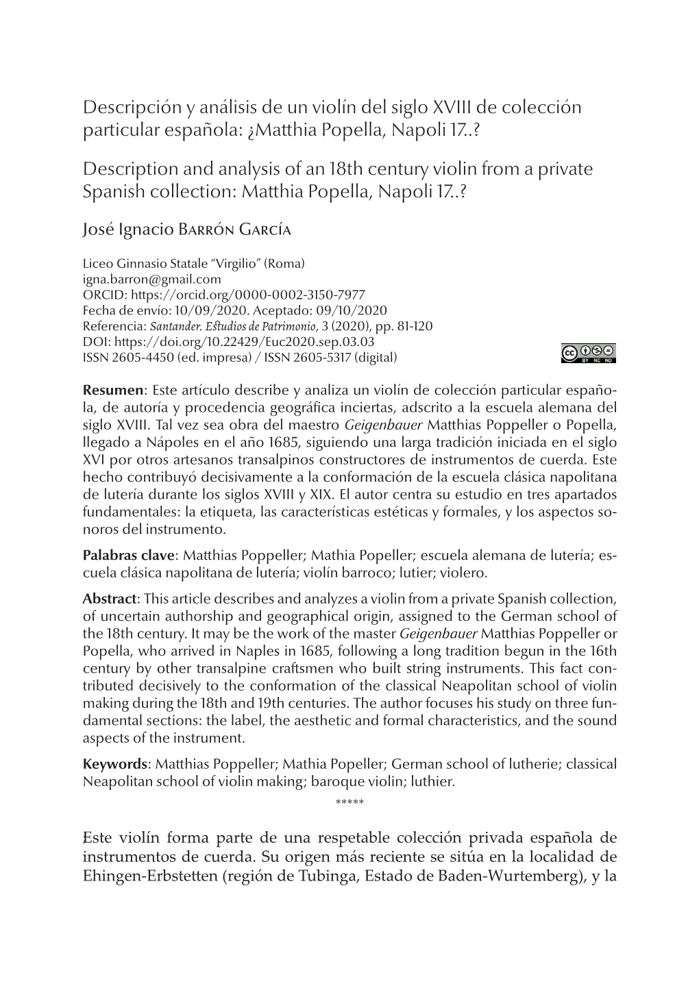 Descripción Y Análisis De Un Violín Del Siglo XVIII De Colección Particular Española: ¿Matthia Popella, Napoli 17..?