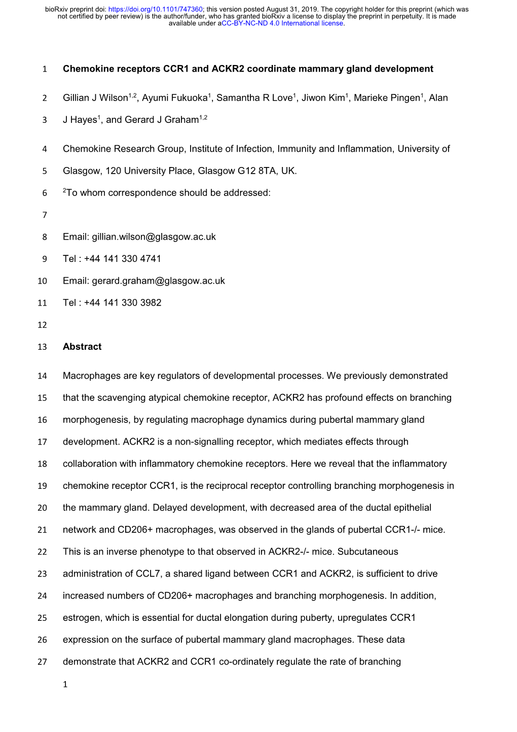 Chemokine Receptors CCR1 and ACKR2 Coordinate Mammary Gland Development