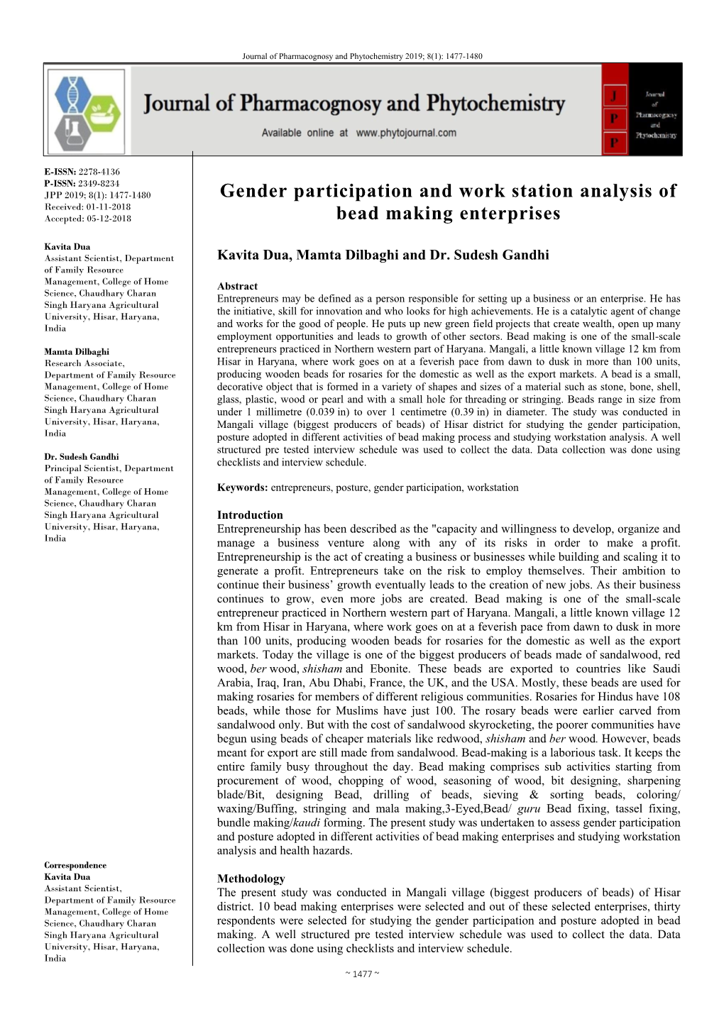 Gender Participation and Work Station Analysis of Bead Making Enterprises