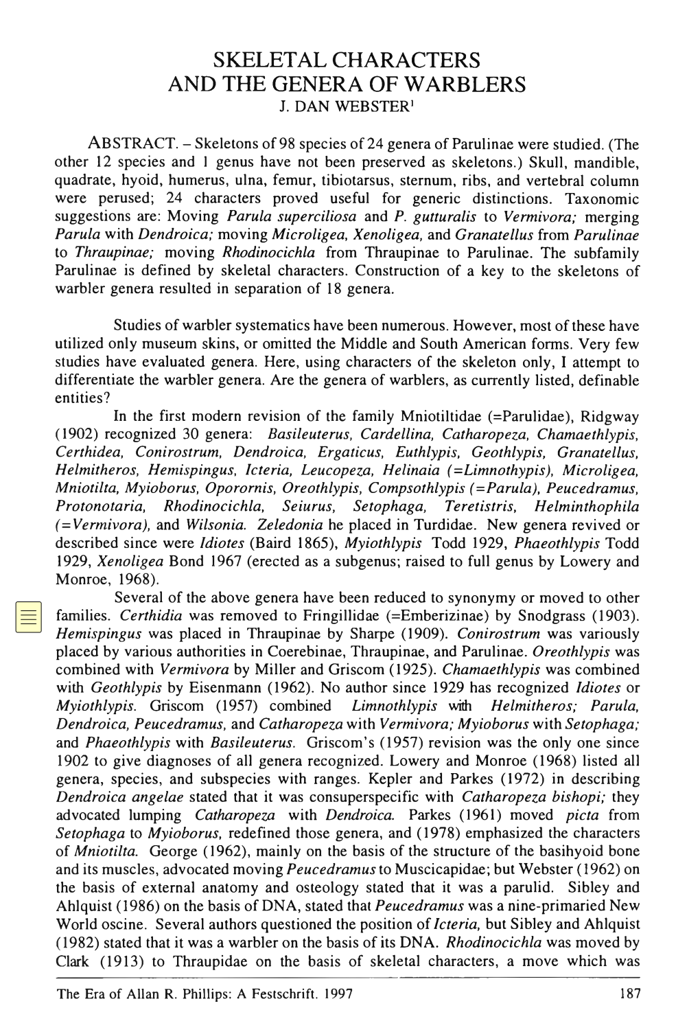 Skeletal Characters and the Genera of Warblers. In: Dickerman, R.W. Comp