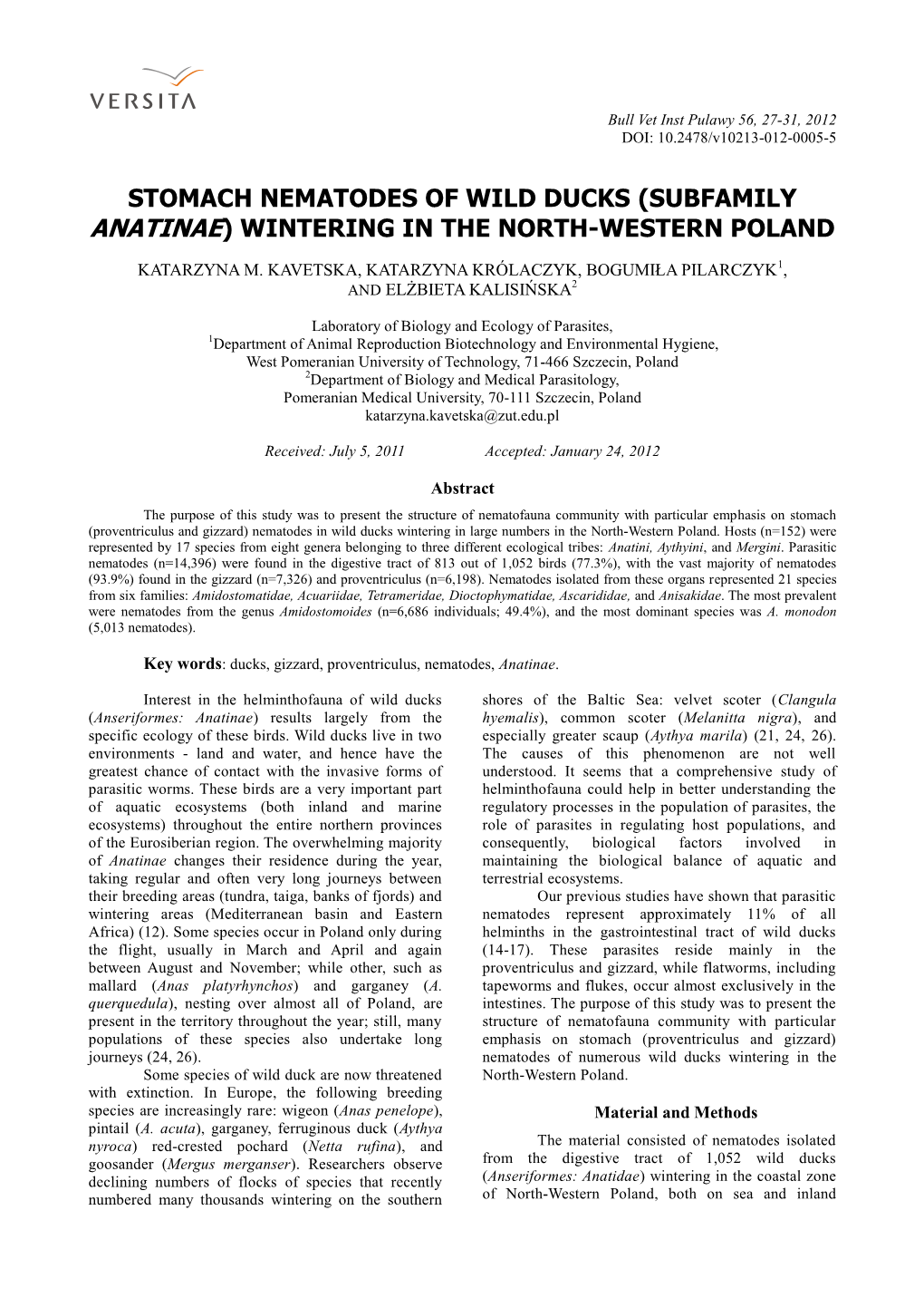 Stomach Nematodes of Wild Ducks (Subfamily Anatinae) Wintering in the North-Western Poland