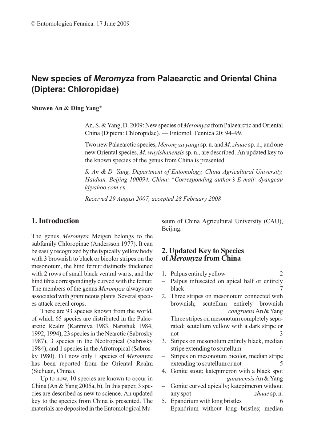 New Species of Meromyza from Palaearctic and Oriental China (Diptera: Chloropidae)