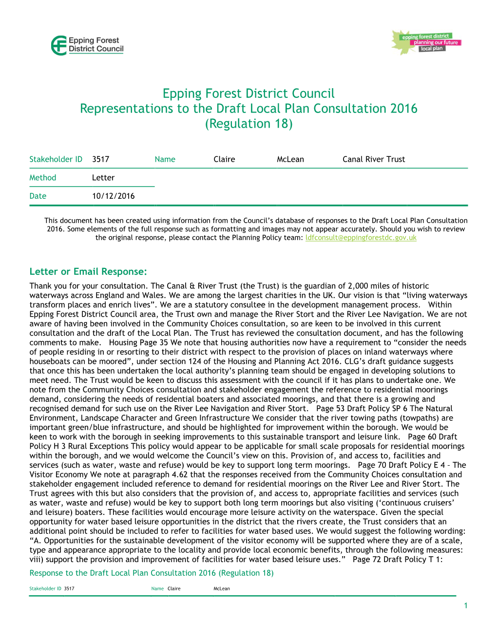 Epping Forest District Council Representations to the Draft Local Plan Consultation 2016 (Regulation 18)