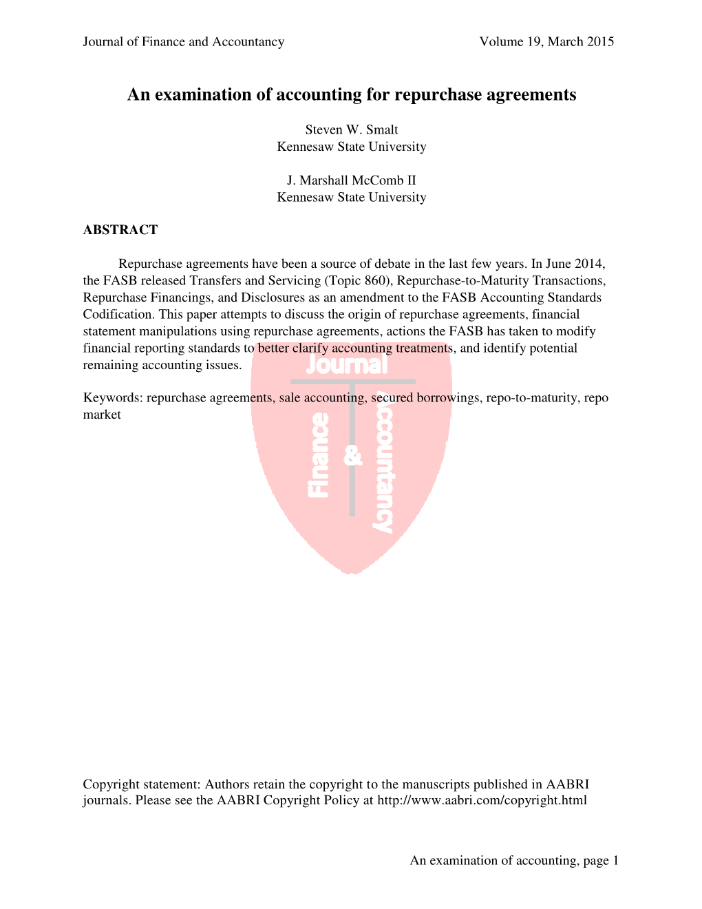 An Examination of Accounting for Repurchase Agreements