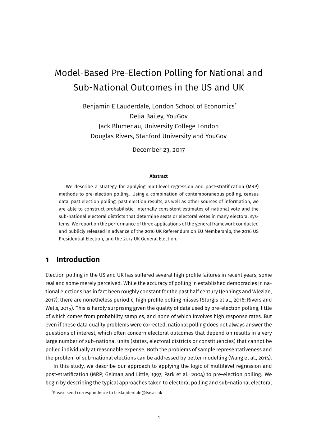 Model-Based Pre-Election Polling for National and Sub-National Outcomes in the US and UK