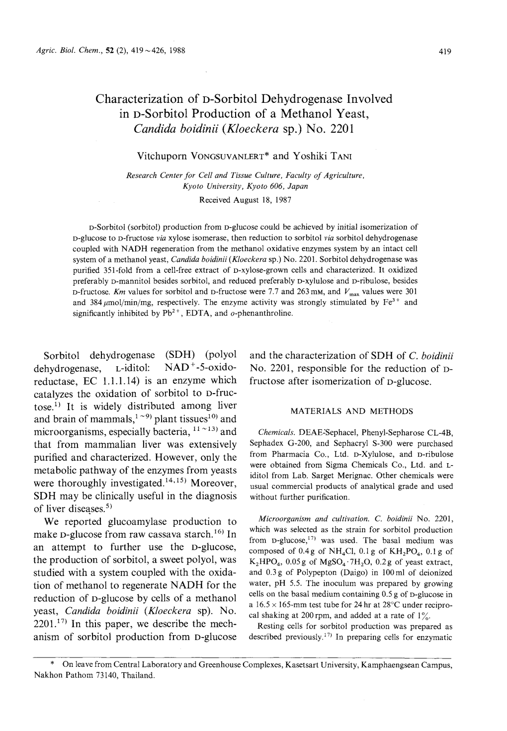 Characterization of D-Sorbitol Dehydrogenase Involved in D-Sorbitol Production of a Methanol Yeast, Candida Boidinii (Kloeckera Sp.) No