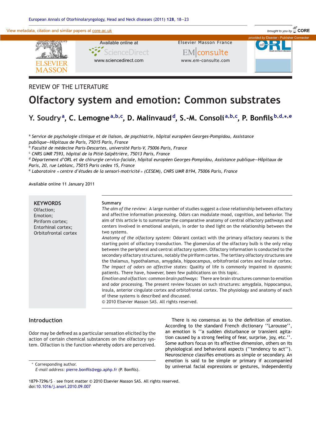 Olfactory System and Emotion: Common Substrates