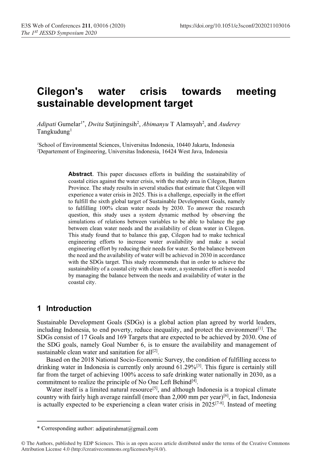 Cilegon's Water Crisis Towards Meeting Sustainable Development Target