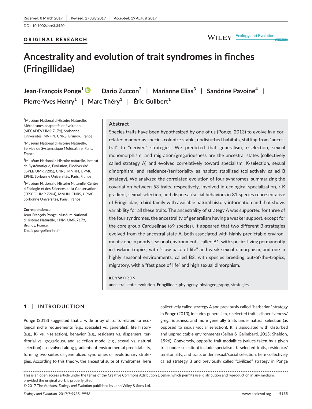 Ancestrality and Evolution of Trait Syndromes in Finches (Fringillidae)