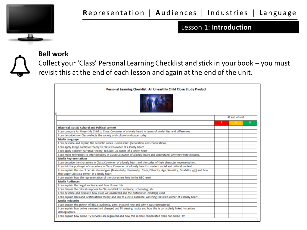Class’ Personal Learning Checklist and Stick in Your Book – You Must Revisit This at the End of Each Lesson and Again at the End of the Unit
